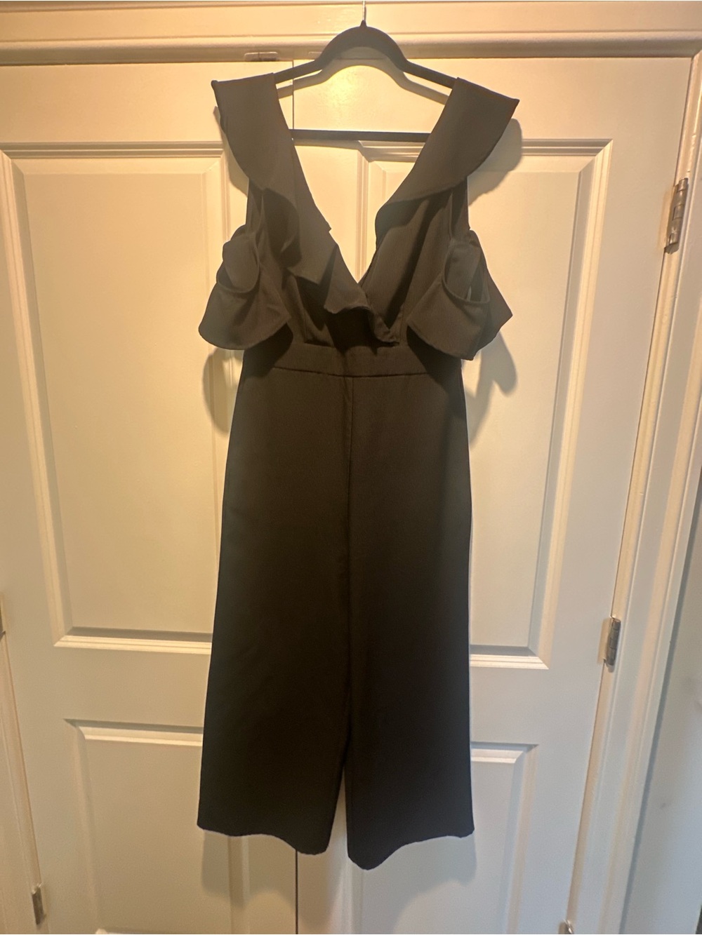 Lulu's Black Ruffle V-Neck Jumpsuit with Wide Legs